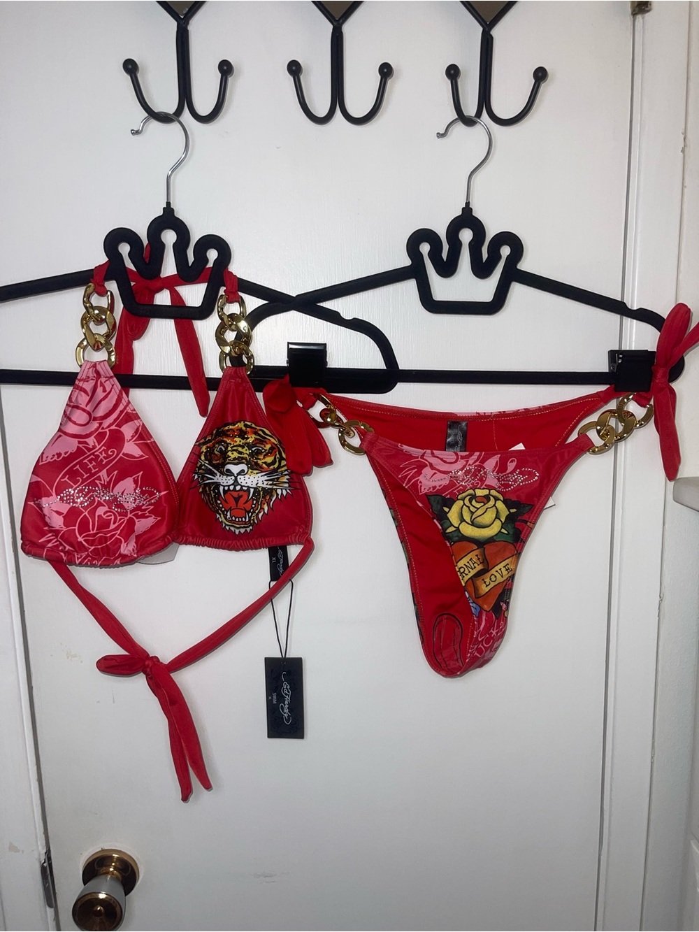 NWT Ed Hardy Red Bikini Set with Yellow Rose & Crystal Accents
